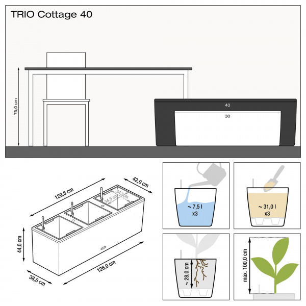 Кашпо Lechuza Trio Cottage 40 Светло-Серый